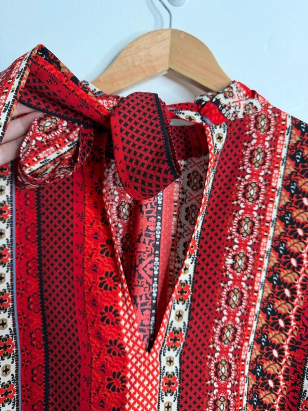 LOFT Red Multi-Pattern Long Sleeve Mock Neck Blouse